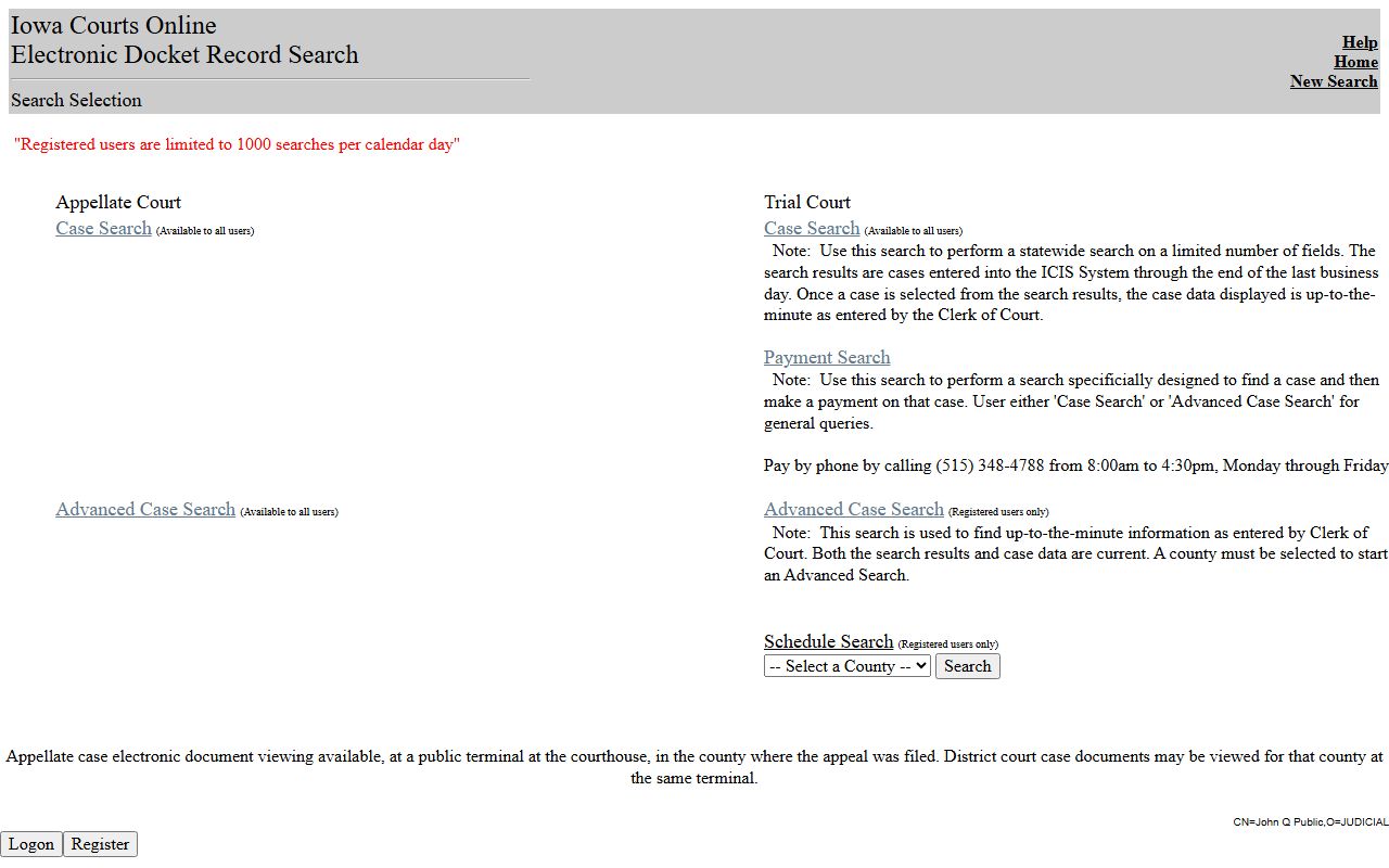 Iowa Courts Online search fields for Harrison County court records after arrest